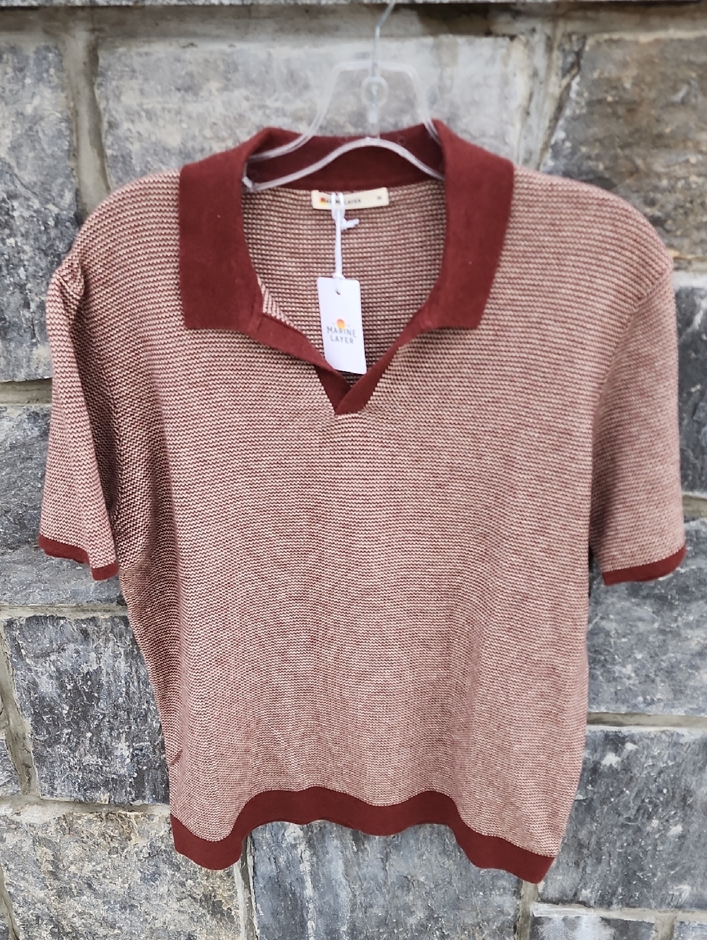 Marine Layer Liam Sweater Short-Sleeve Knit Polo In Burgundy And Natural Medium